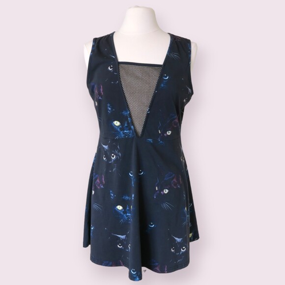 JAWBREAKER Black Cat Print Dress Sz XL Sleeveless V Neck Mesh Panels Fit & Flare - Picture 1 of 9
